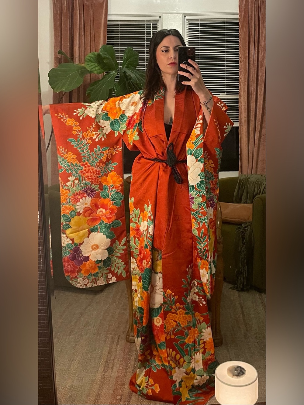 Vintage Japanese kimono furisode floral flowers red orange coverup cover up